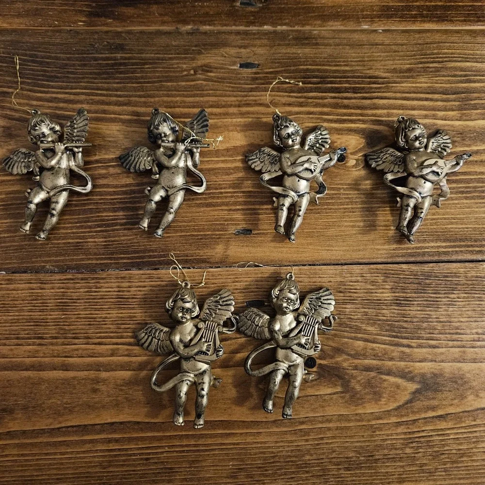 Vintage Cherub Angel Ornaments Set of 6 Gold Tone Musical Angels Christmas